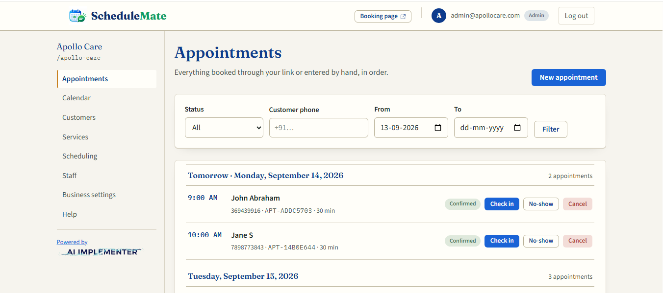 ScheduleMate appointments list