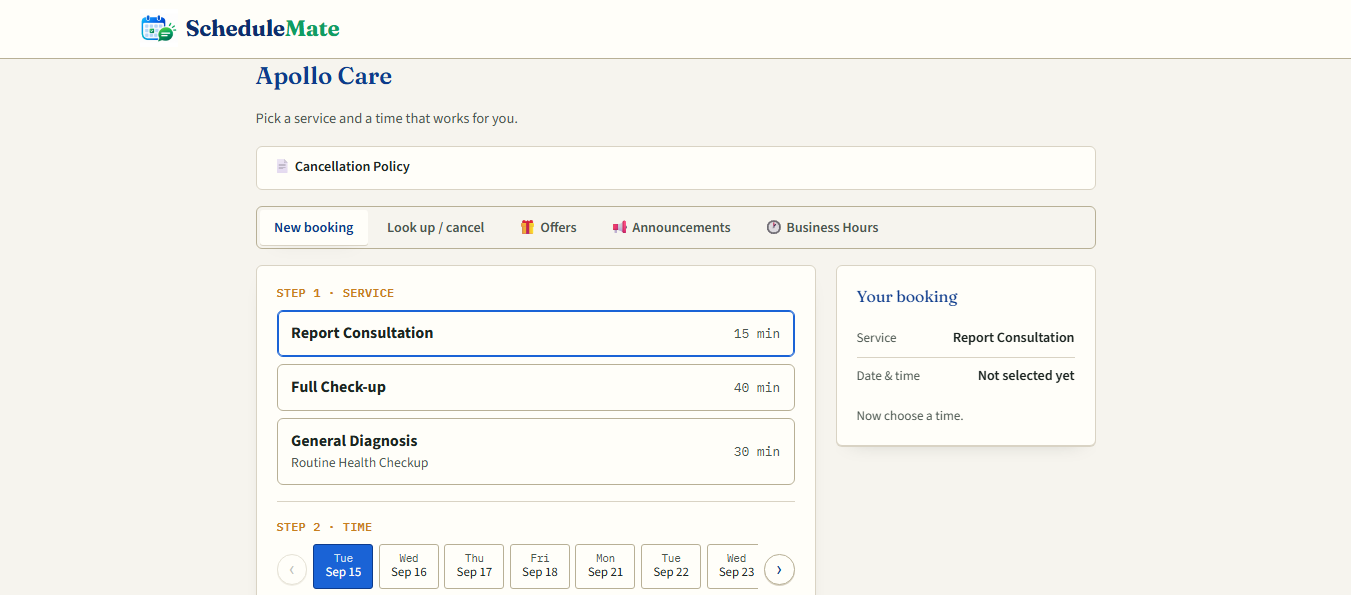 ScheduleMate public booking page