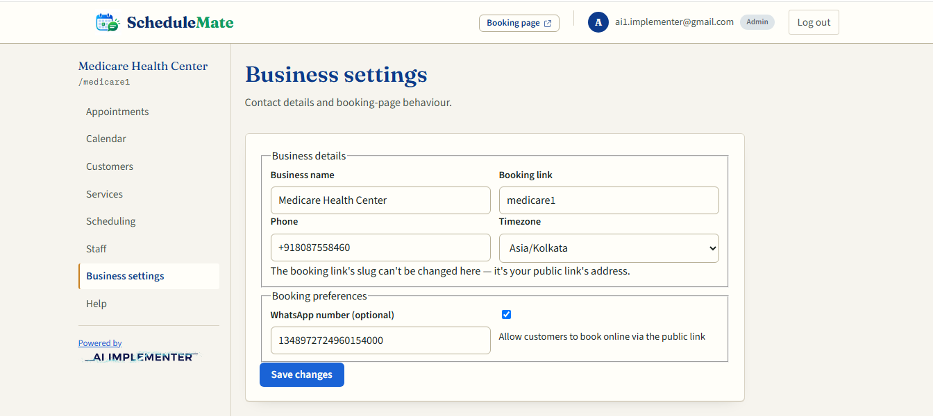 ScheduleMate business settings