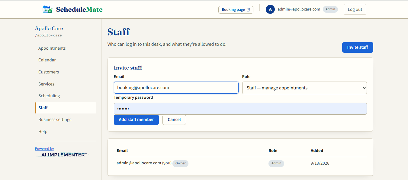 ScheduleMate staff management