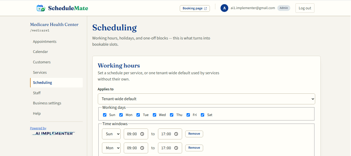 ScheduleMate scheduling and working hours