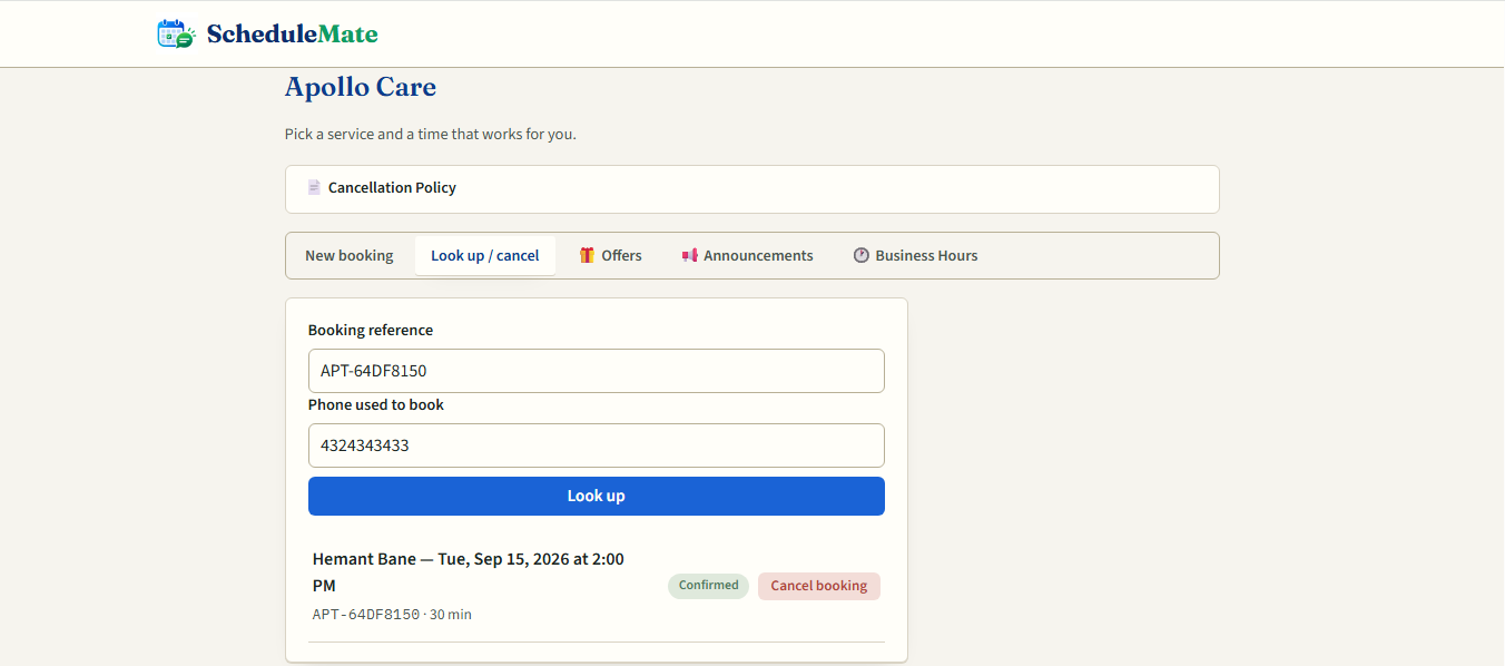 ScheduleMate booking lookup and cancellation