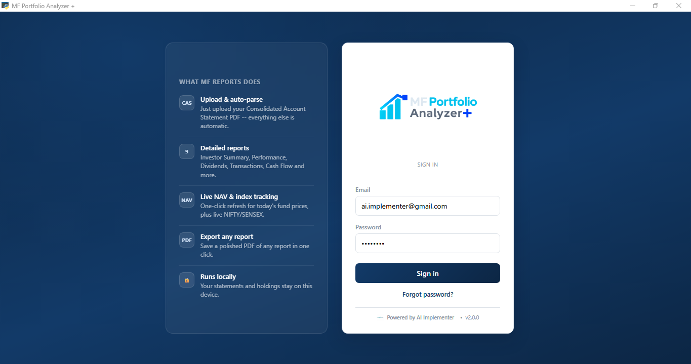 MF Portfolio Analyzer+ sign-in screen in the default black and white theme