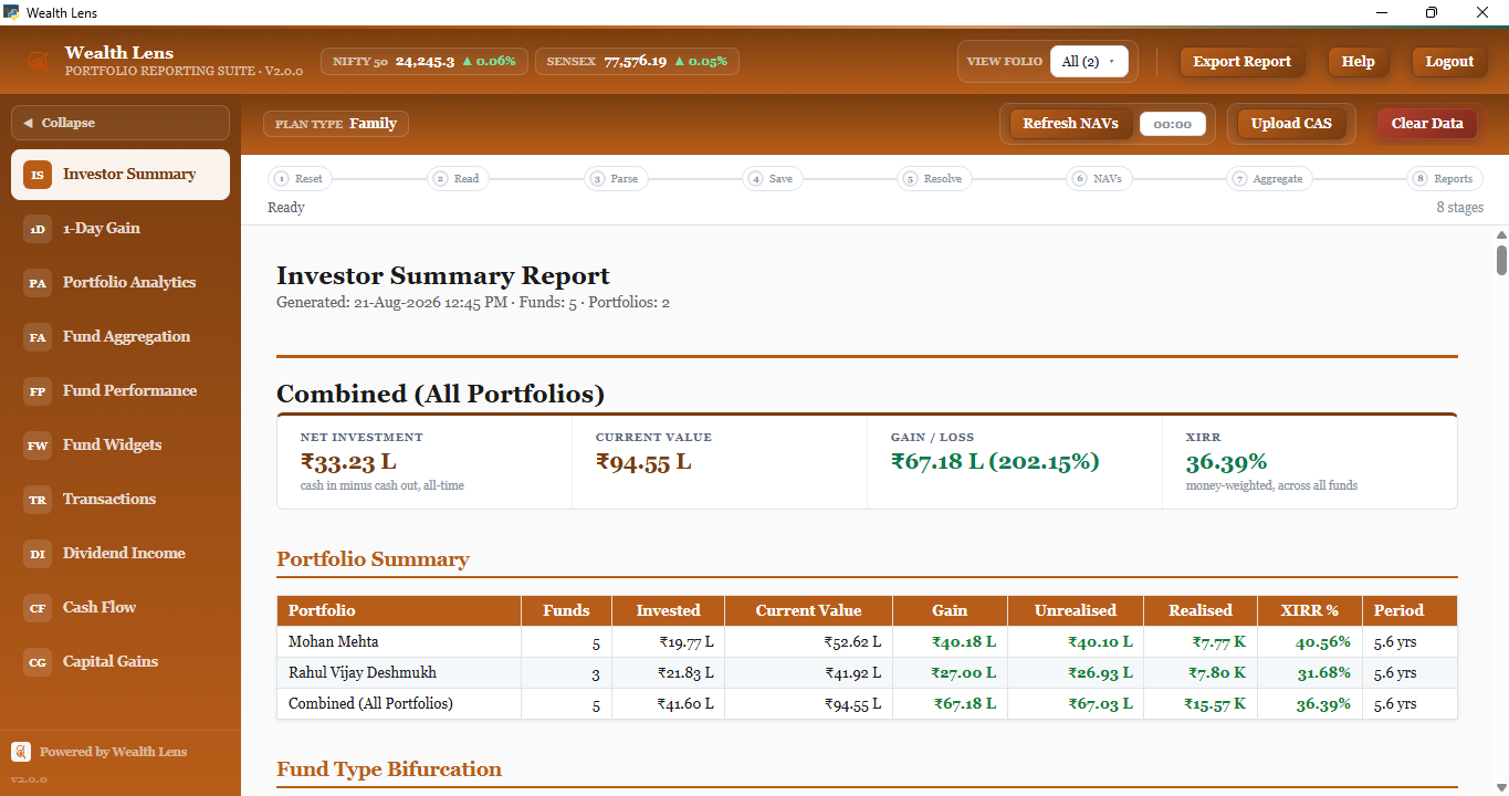 Wealth Lens white-label dashboard in an amber theme, showing the Investor Summary Report