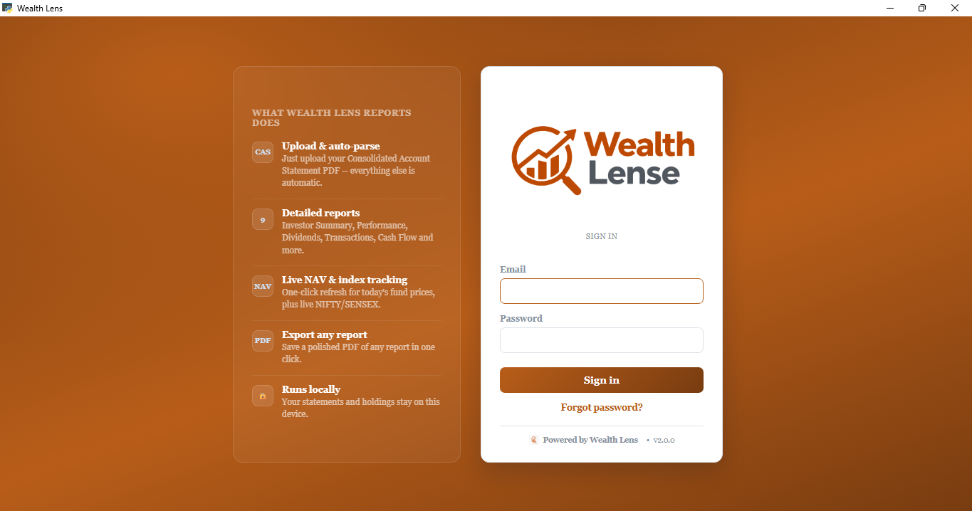 Wealth Lens white-label sign-in screen in an amber theme