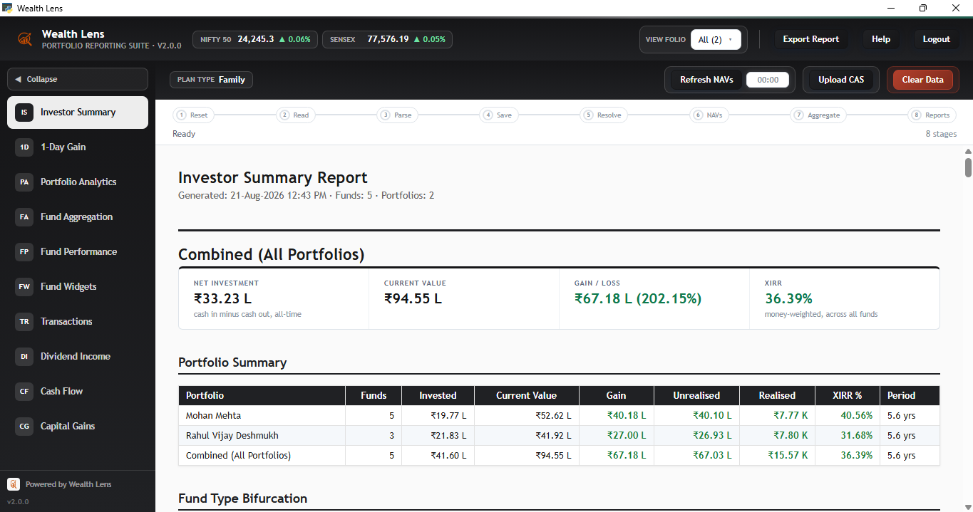 Wealth Lens white-label dashboard in a dark navy theme, showing the Investor Summary Report