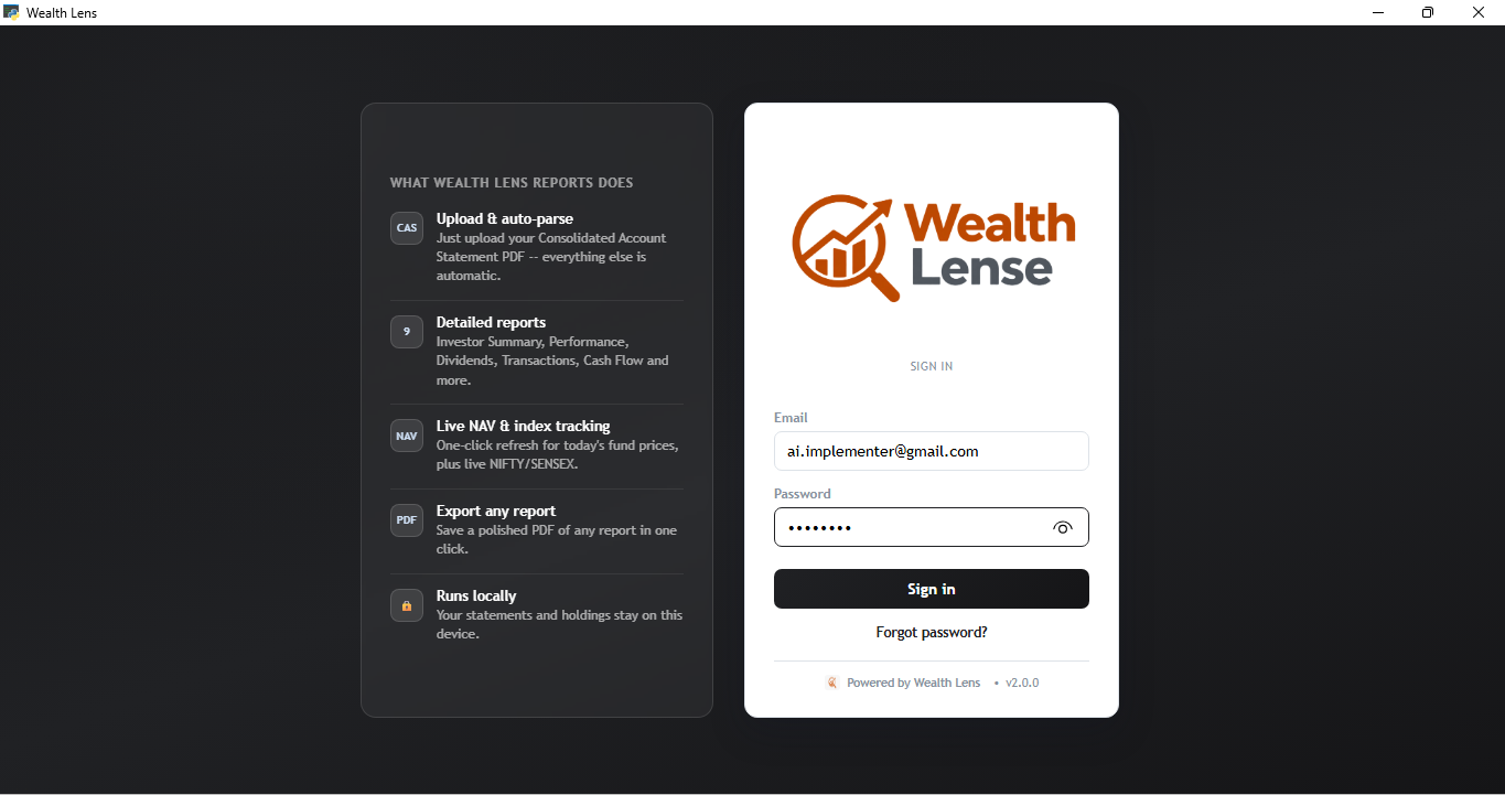 Wealth Lens white-label sign-in screen in a dark navy theme